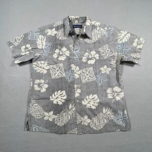 Vintage Hawaiian Shirt Men‎ Large Reverse Print Gray  Pineapple Floral Cotton